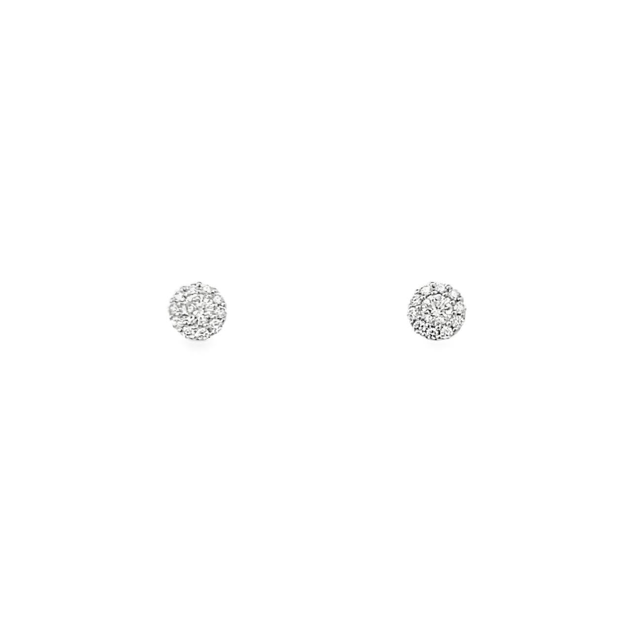 18ct white gold diamond cluster stud earrings with central claw setting and multi-claw halo surround, featuring 22 round brilliant cut diamonds totalling 0.53ct.