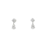 18ct white gold diamond double drop earrings with round and pear cut diamonds.