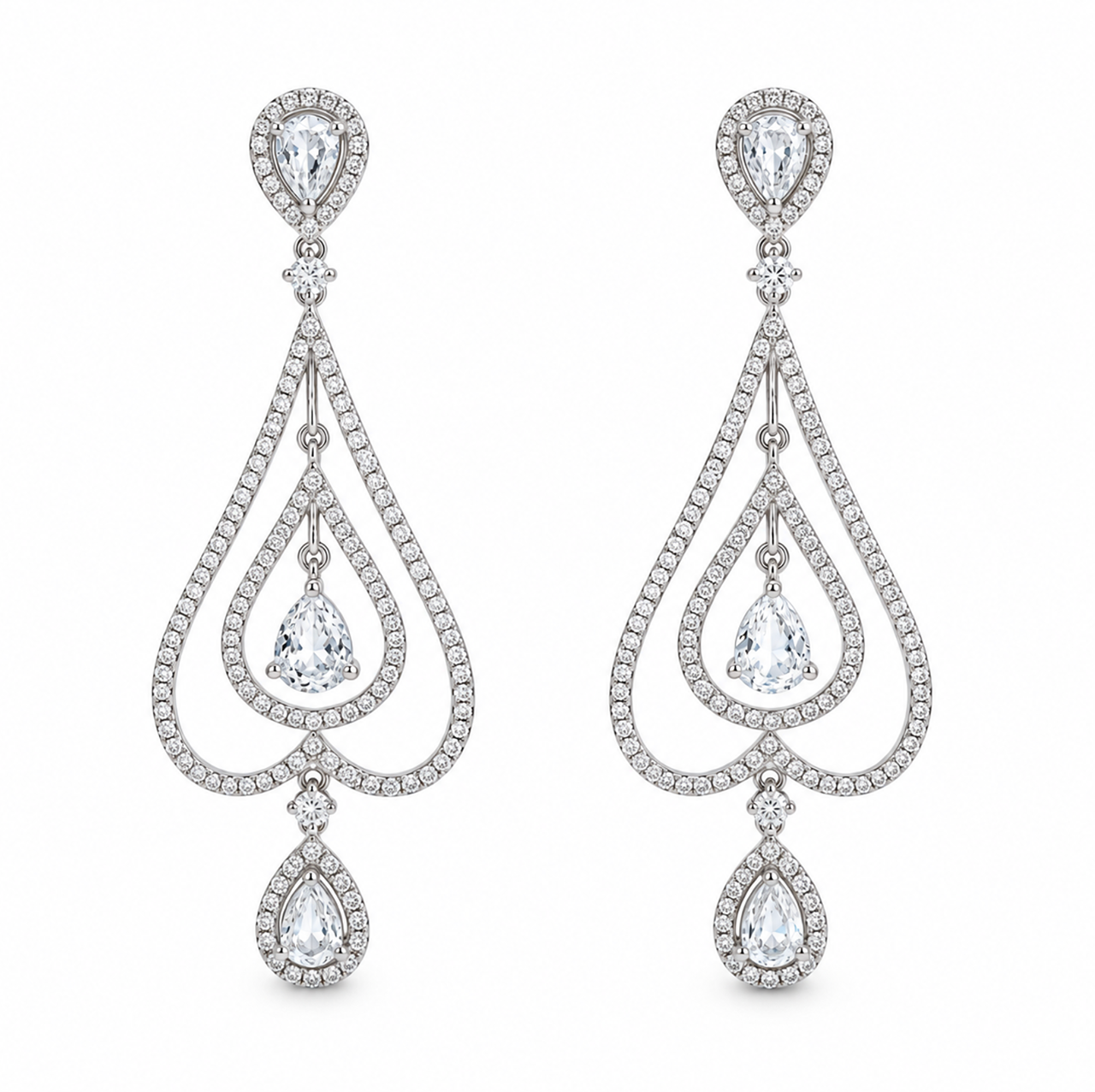 18ct white gold diamond chandelier earrings featuring layered teardrop settings and articulated diamond drops, totalling 2.69ct.