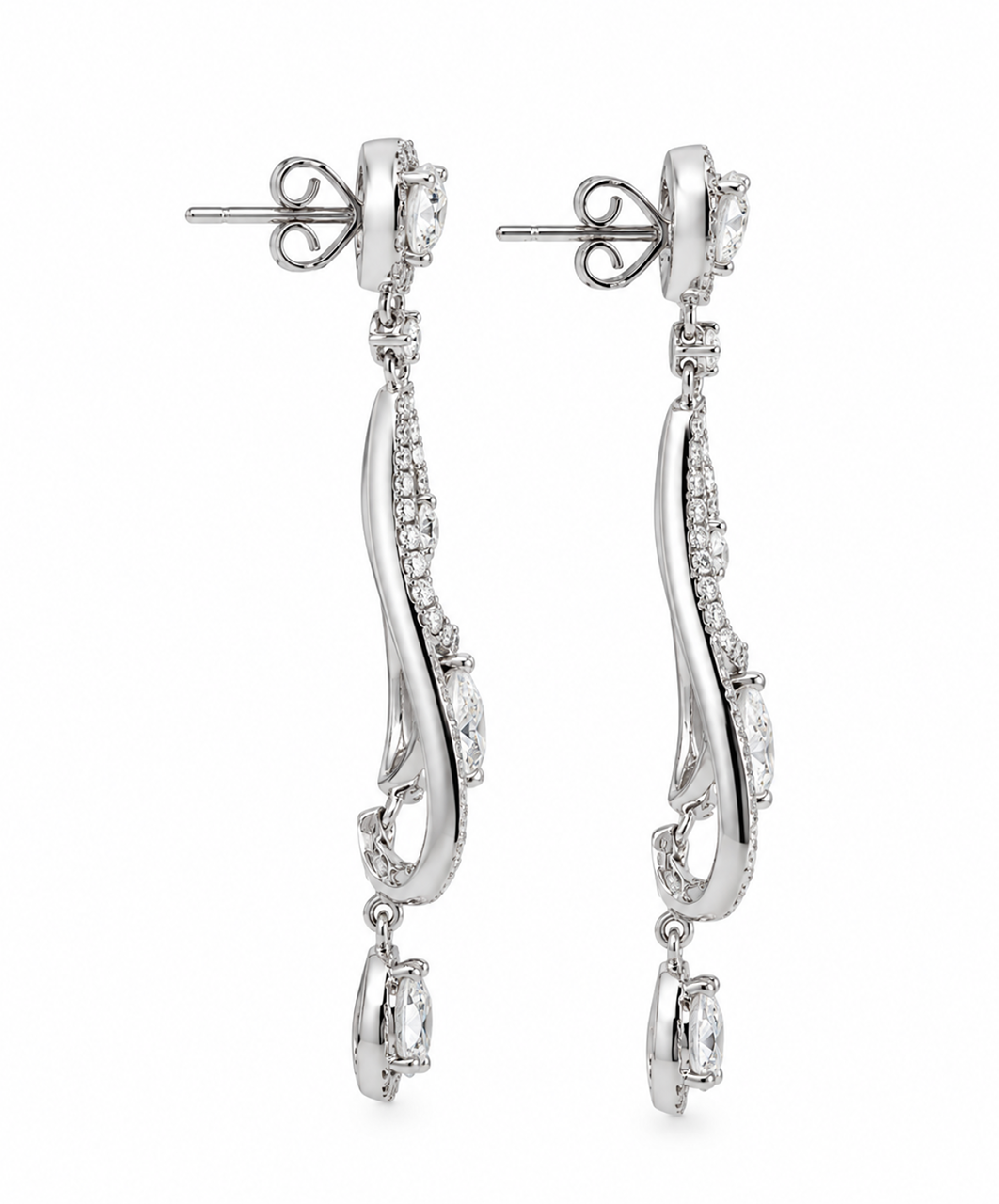 18ct white gold diamond chandelier earrings featuring layered teardrop settings and articulated diamond drops, totalling 2.69ct.