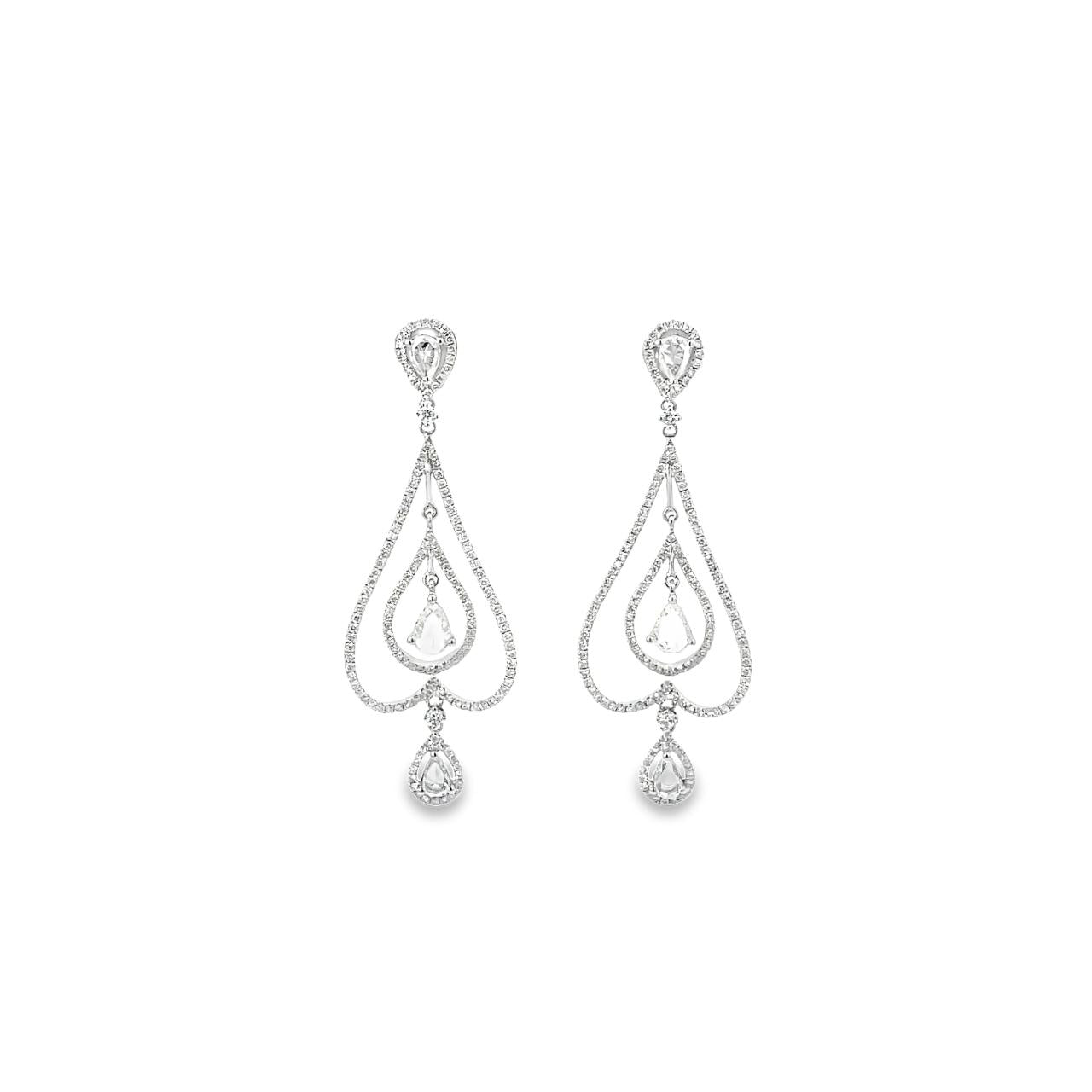 18ct white gold diamond drop earrings featuring pear-shaped articulated cluster drops with 302 round brilliant and pear rose-cut diamonds totalling 2.69ct.