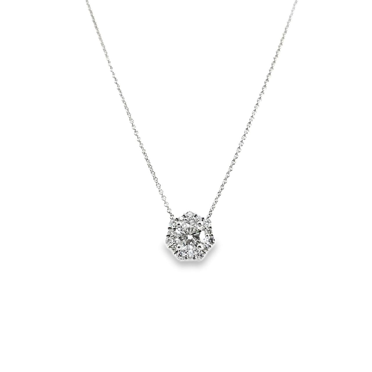 18ct white gold diamond halo pendant with round brilliant cut centre and graduating cluster surround.