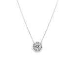 18ct white gold diamond halo pendant with round brilliant cut centre and graduating cluster surround.