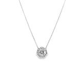 18ct white gold diamond halo pendant with round brilliant cut centre and graduating cluster surround.