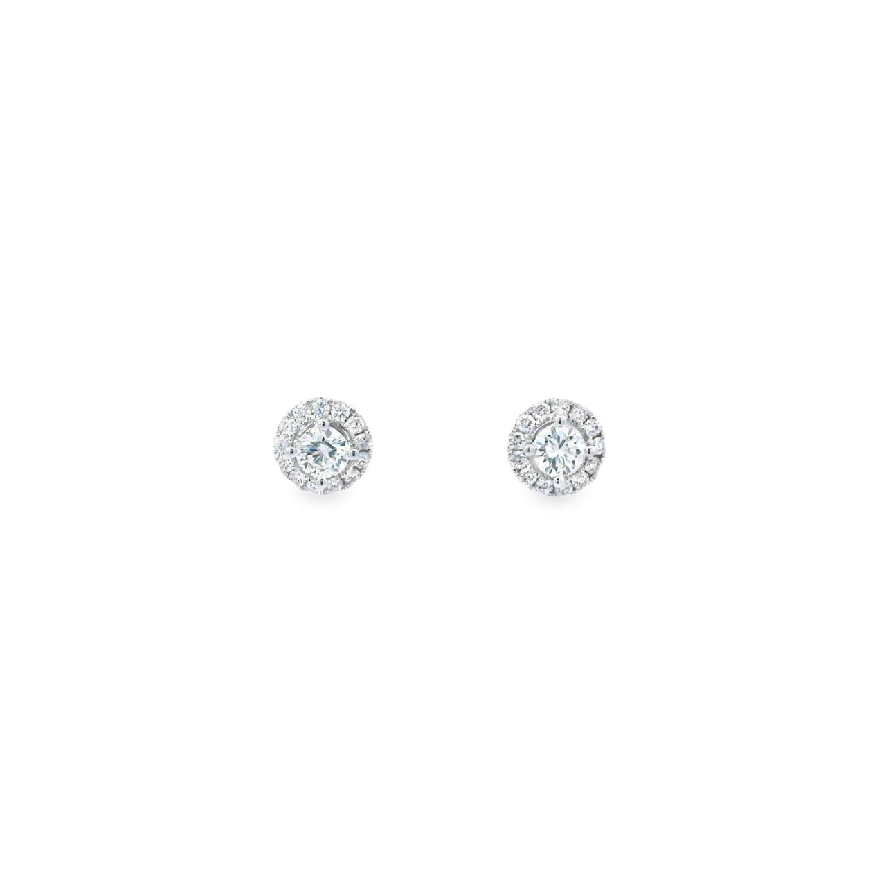 18ct white gold diamond halo stud earrings with round brilliant cut diamonds.
