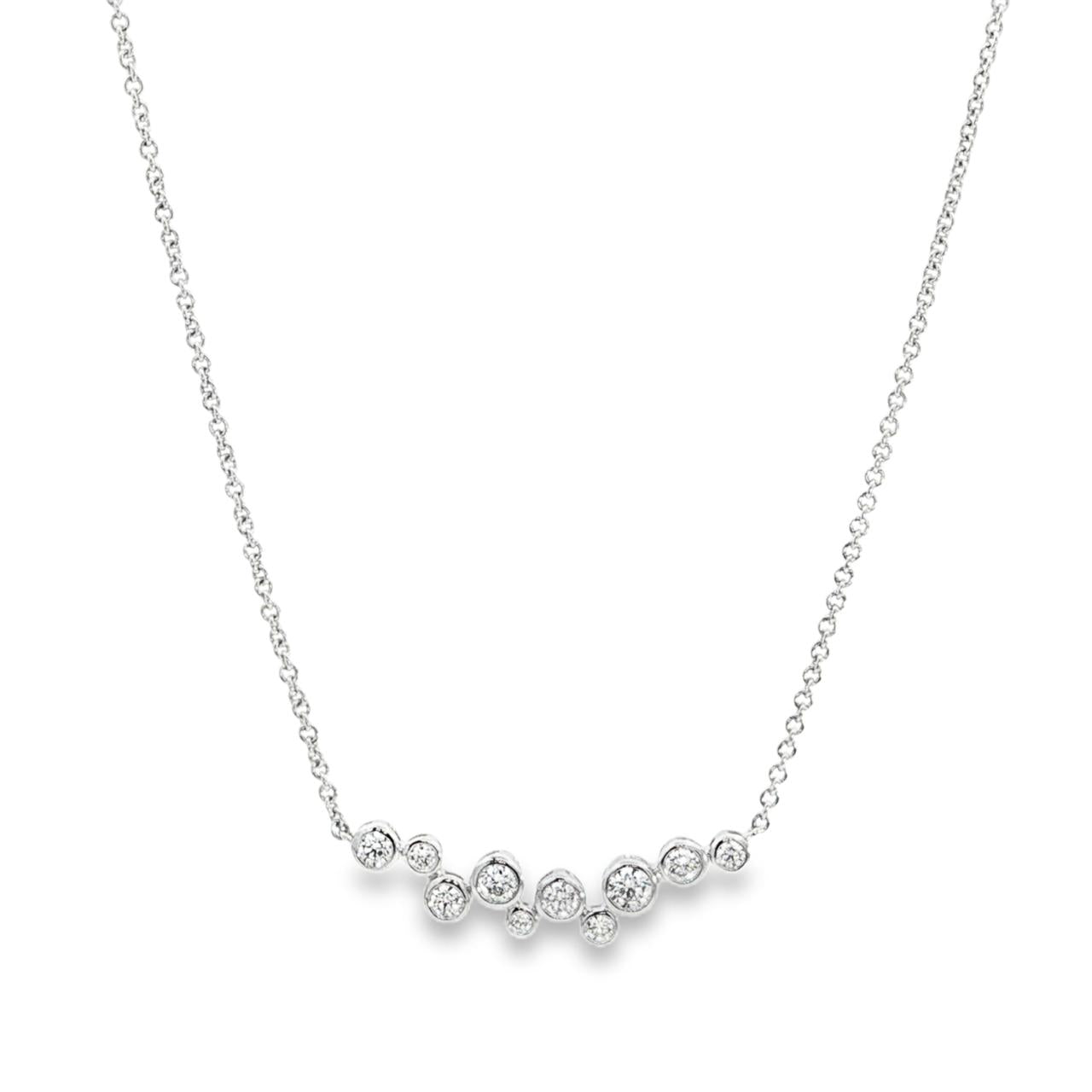 18ct white gold diamond necklet with bezel-set diamonds in a scattered bubble formation.