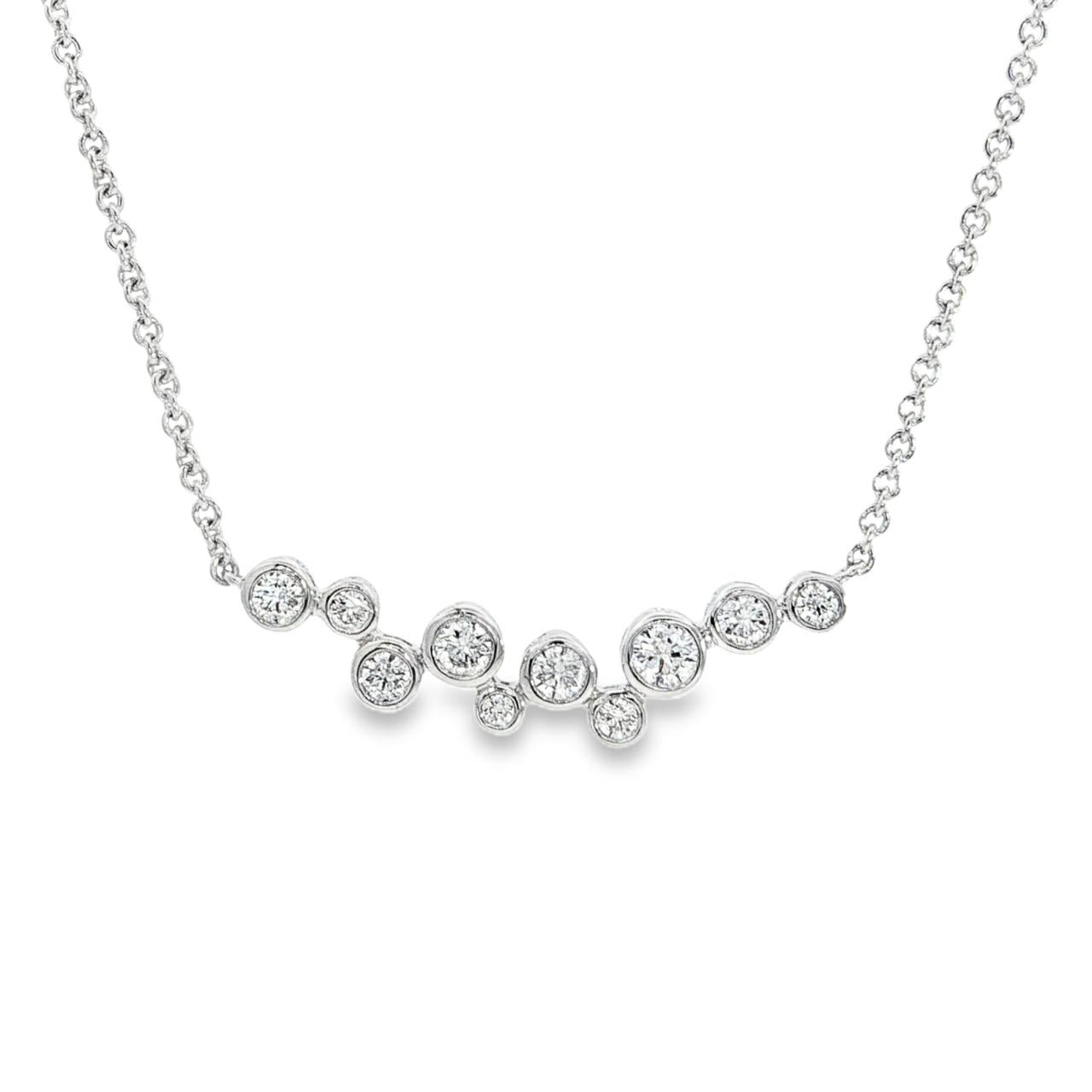 18ct white gold diamond necklet with bezel-set diamonds in a scattered bubble formation.