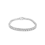 18ct white gold tennis bracelet with 59 round brilliant cut diamonds in four-claw settings.