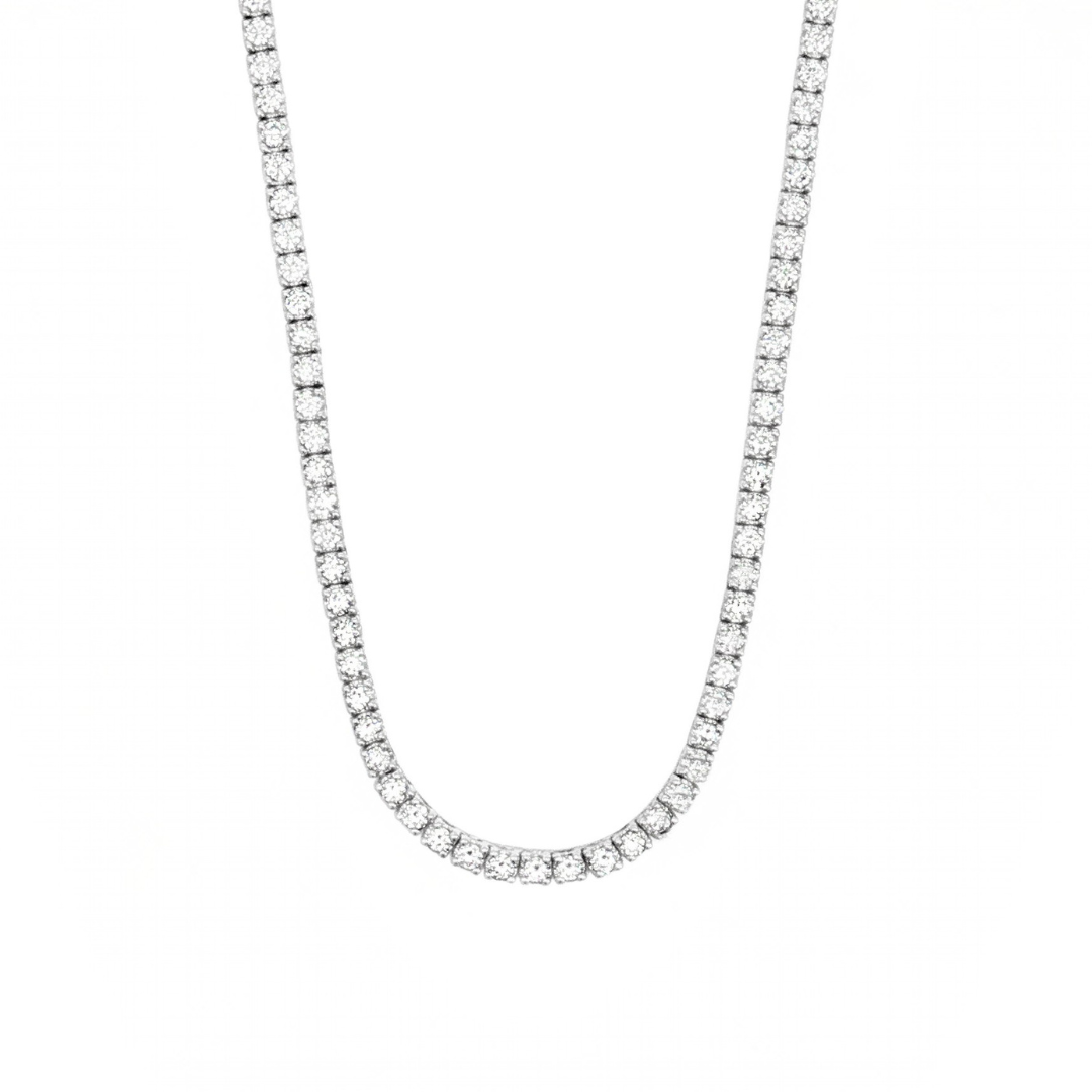 18ct white gold diamond tennis necklace with four-claw set round brilliant diamonds.