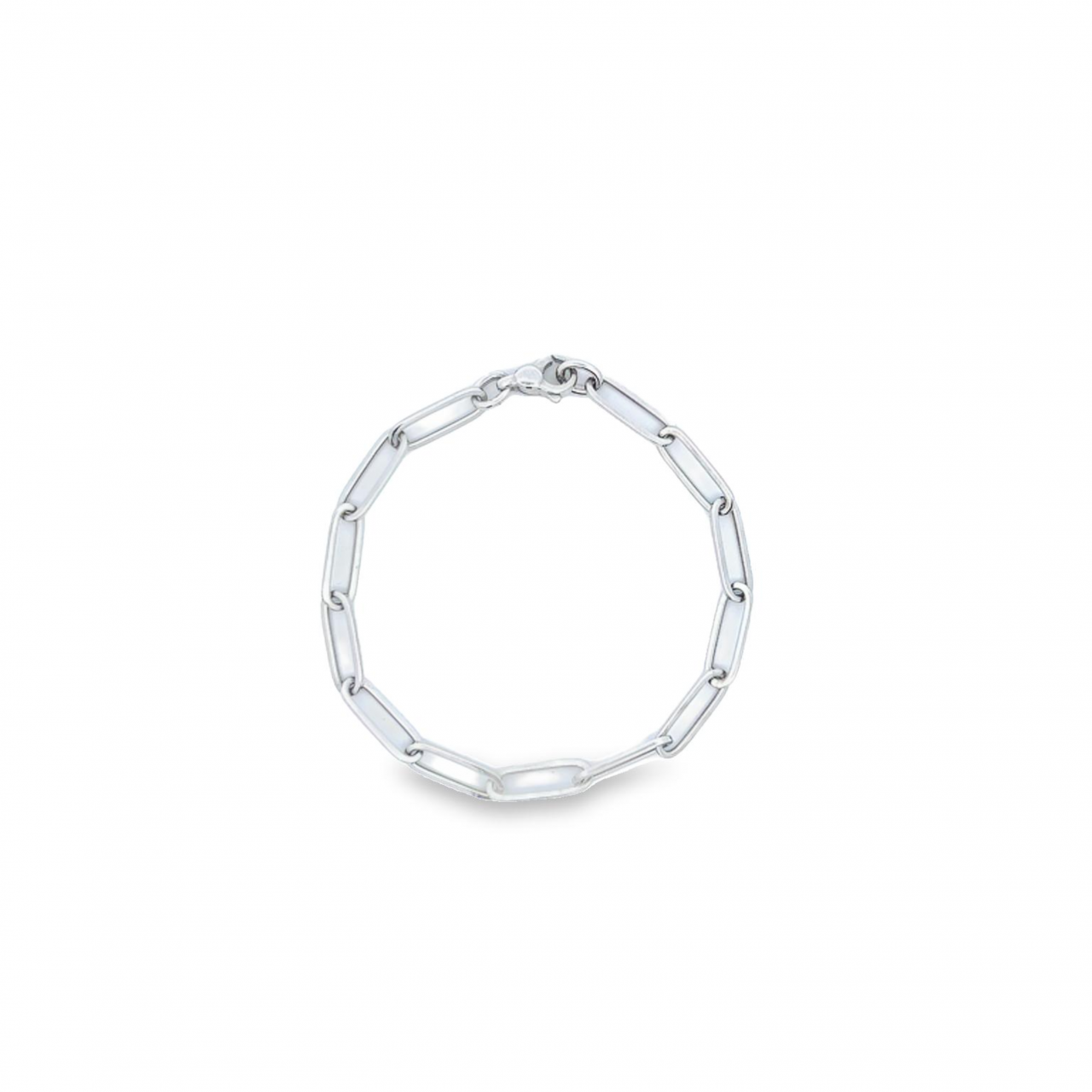 9ct white gold elongated oval paperclip link bracelet with parrot clasp.