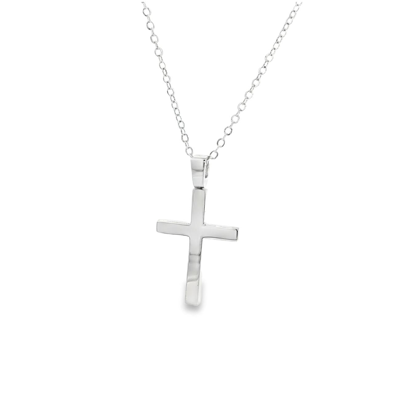 9ct white gold plain flat block cross pendant with polished finish and tapered pendant runner.