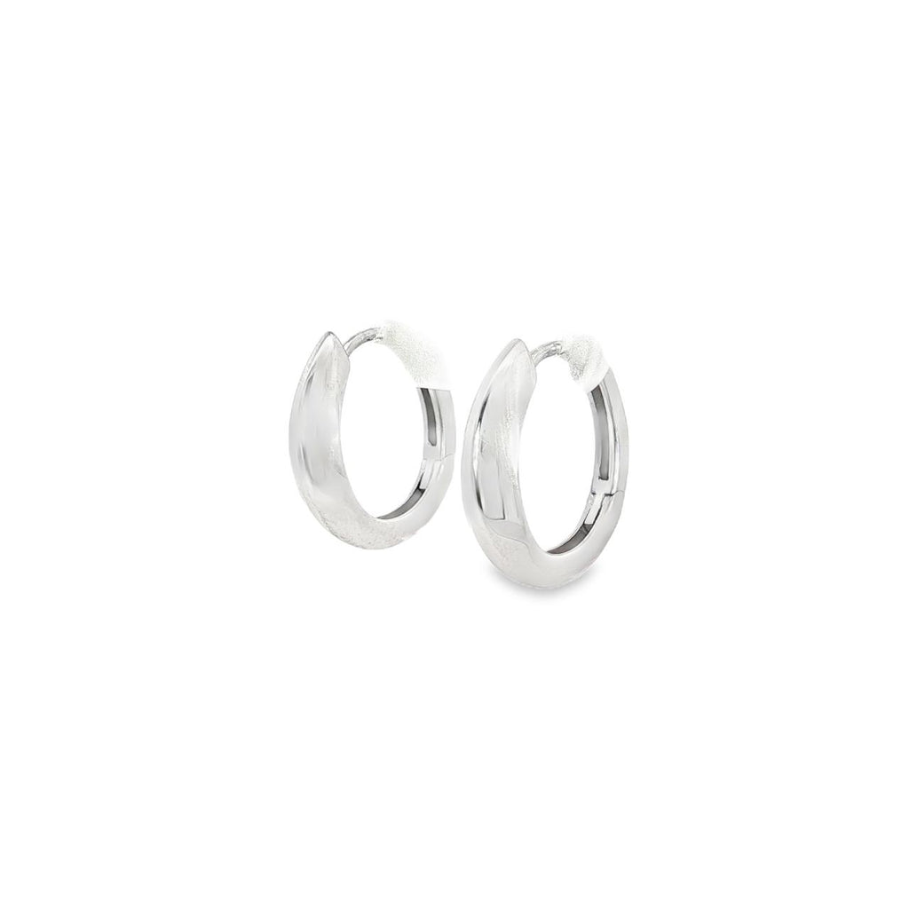 9ct white gold huggie earrings with French curve oval design and hinged back.
