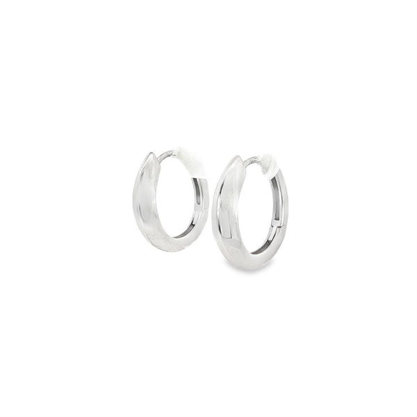 9ct white gold huggie earrings with French curve oval design and hinged back.