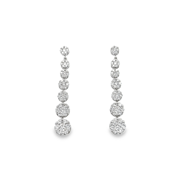 18ct white gold graduated cluster diamond drop earrings with articulated settings.