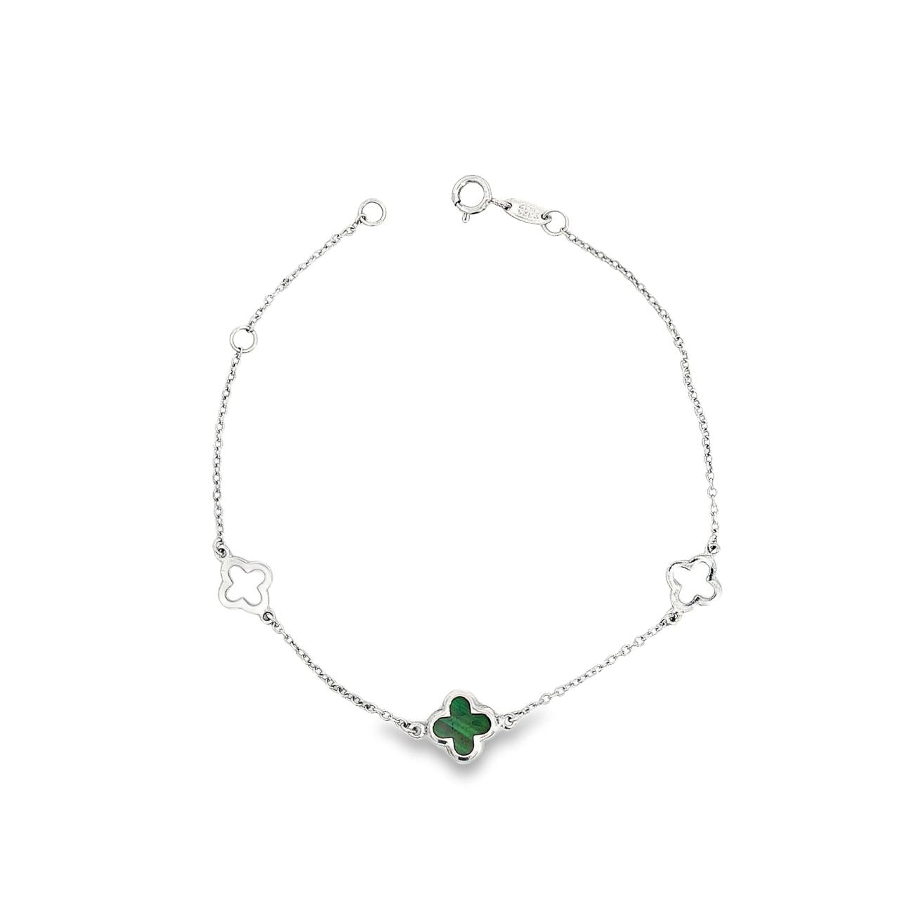 9ct white gold trace link bracelet with green clover charm and two open clover motifs.