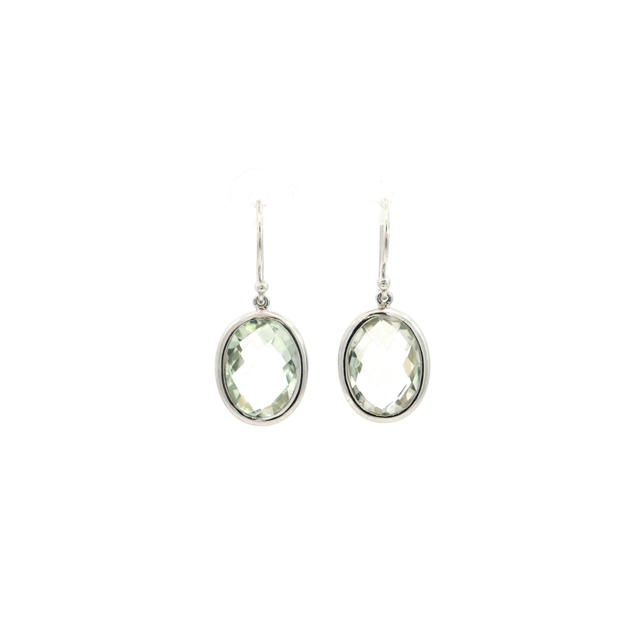 9ct white gold bezel-set oval green quartz drop earrings.