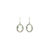 9ct white gold bezel-set oval green quartz drop earrings.