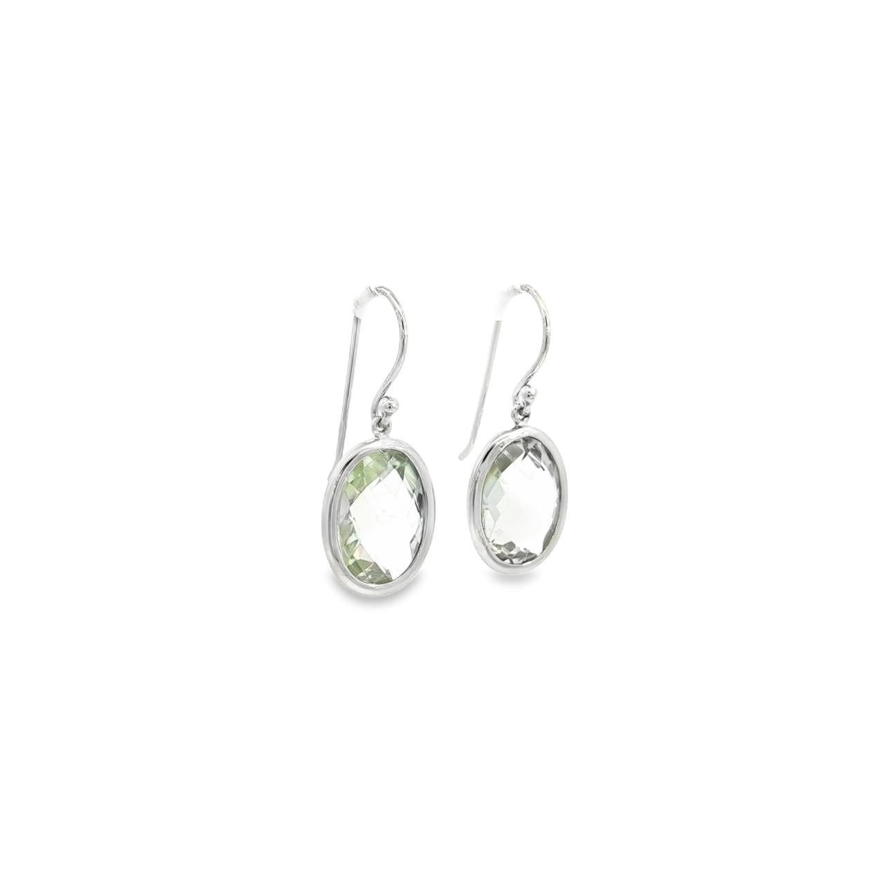 9ct white gold bezel-set oval green quartz drop earrings.