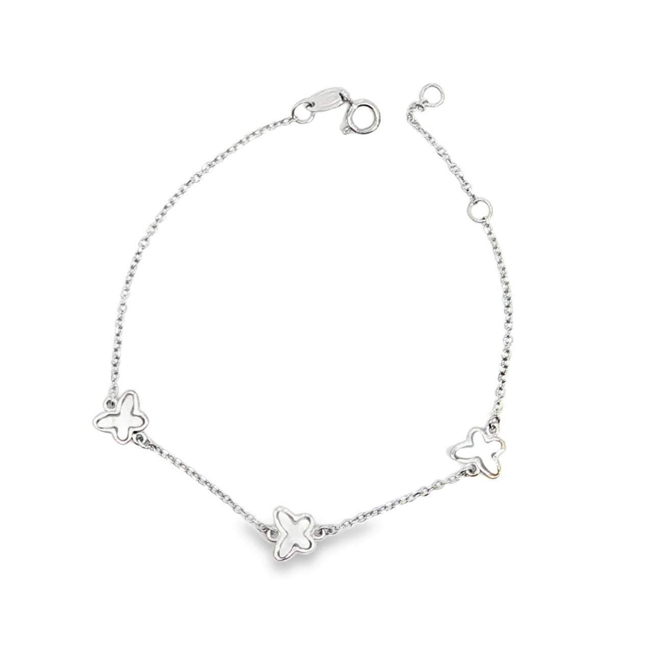 9ct white gold bracelet with three small mother of pearl butterfly motifs on a fine chain.