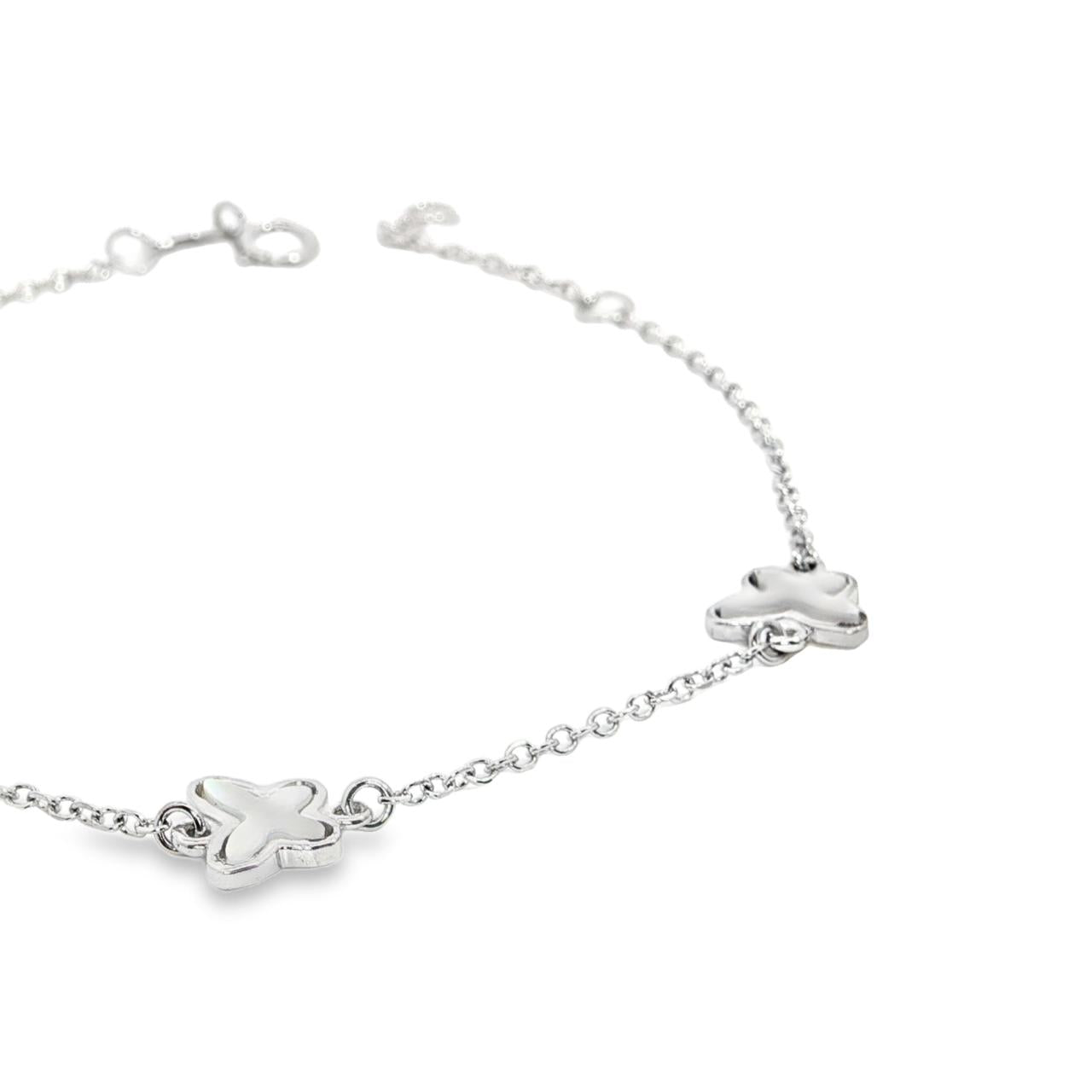 9ct white gold bracelet with three small mother of pearl butterfly motifs on a fine chain.