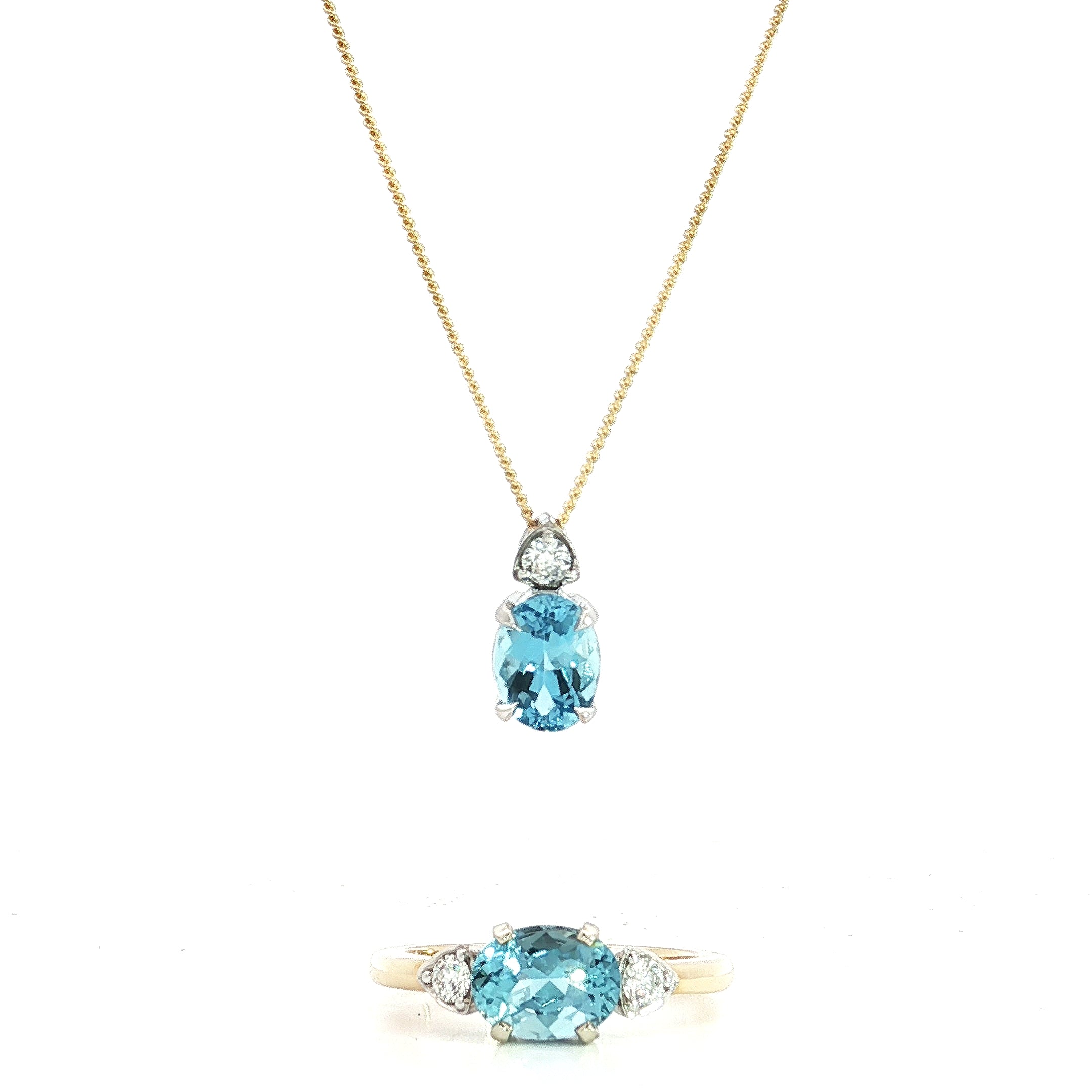 9ct white gold oval aquamarine and diamond pendant with triangular diamond accent.