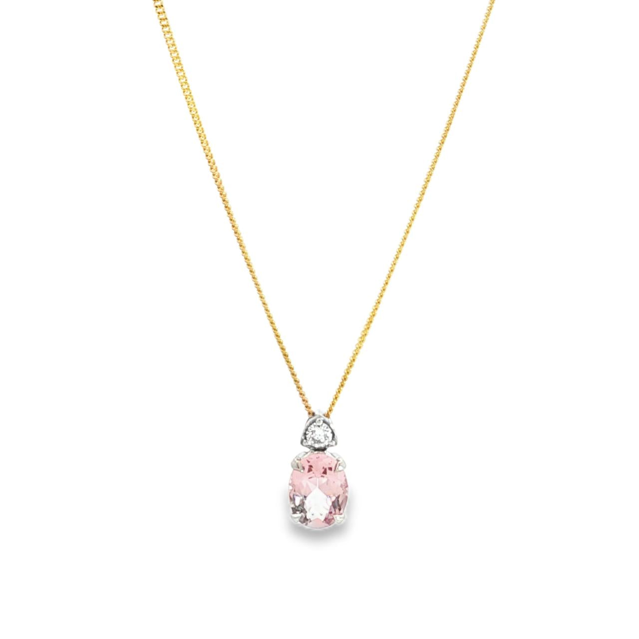 9ct white gold oval morganite and diamond pendant with triangular diamond detail.