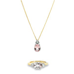 9ct white gold oval morganite and diamond pendant with triangular diamond detail.