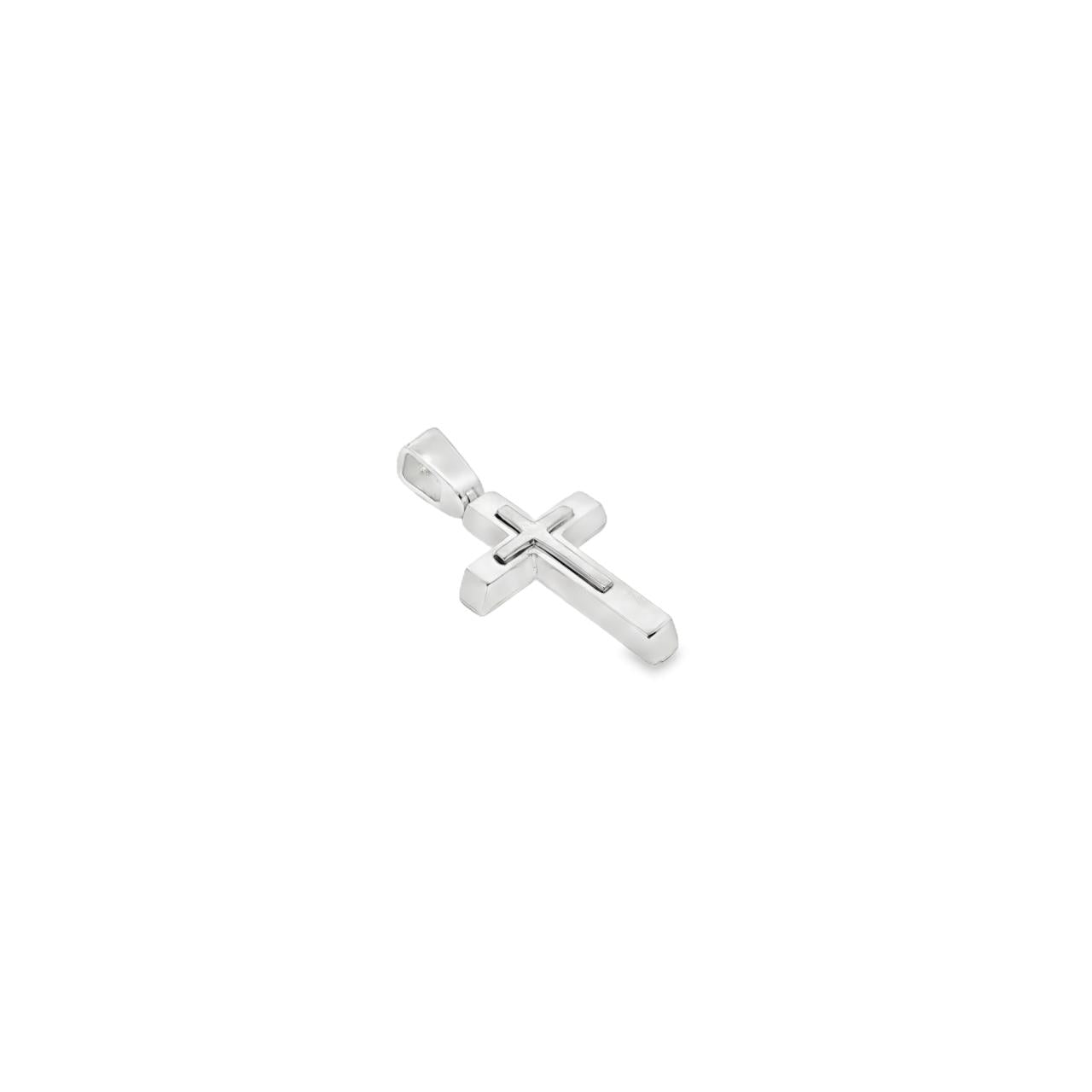 9ct white gold flat cross pendant with raised centre cross and angled ends.