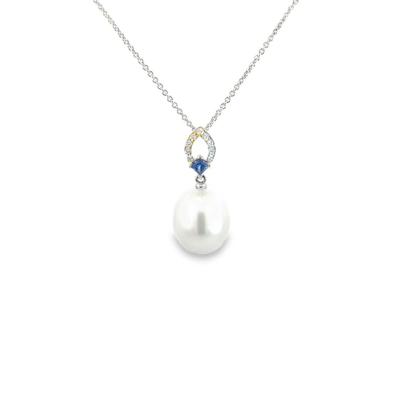 18ct white gold pendant with marquise diamond top, princess-cut sapphire, and 10mm South Sea pearl drop.
