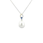 18ct white gold pendant with marquise diamond top, princess-cut sapphire, and 10mm South Sea pearl drop.