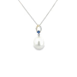 18ct white gold pendant with marquise diamond top, princess-cut sapphire, and 10mm South Sea pearl drop.