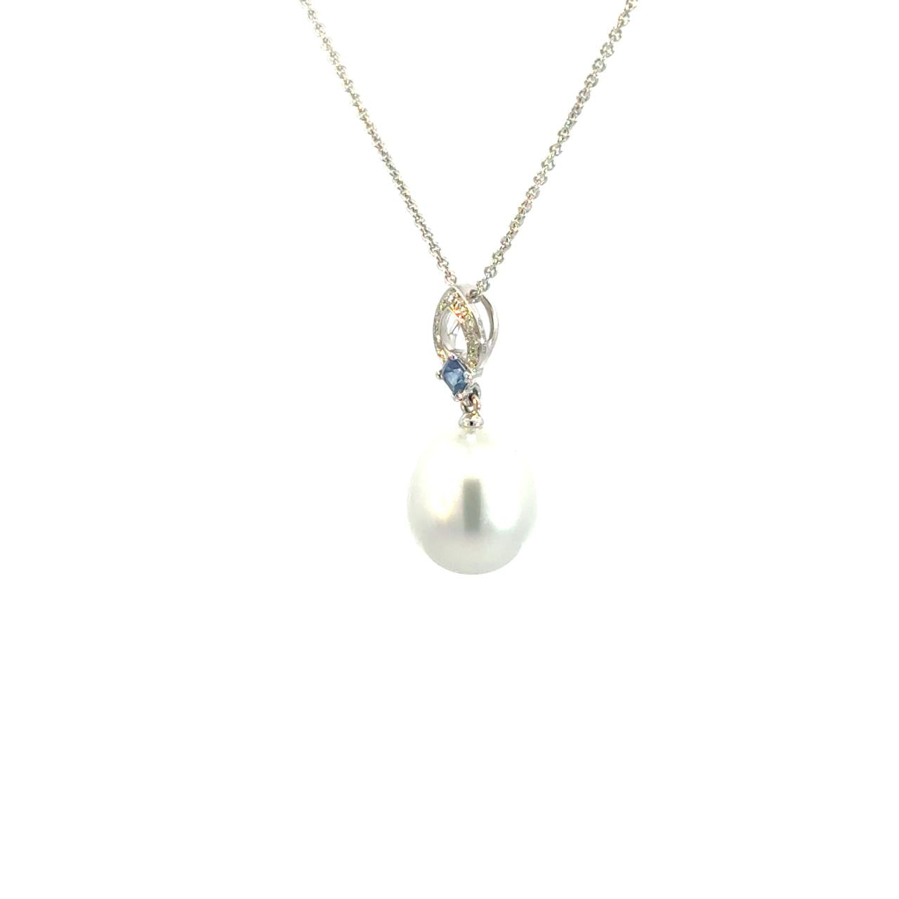 18ct white gold pendant with marquise diamond top, princess-cut sapphire, and 10mm South Sea pearl drop.