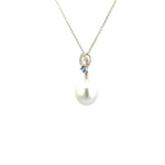 18ct white gold pendant with marquise diamond top, princess-cut sapphire, and 10mm South Sea pearl drop.