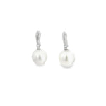 18ct white gold stud earrings with 9mm oval South Sea pearls and claw-set diamonds.