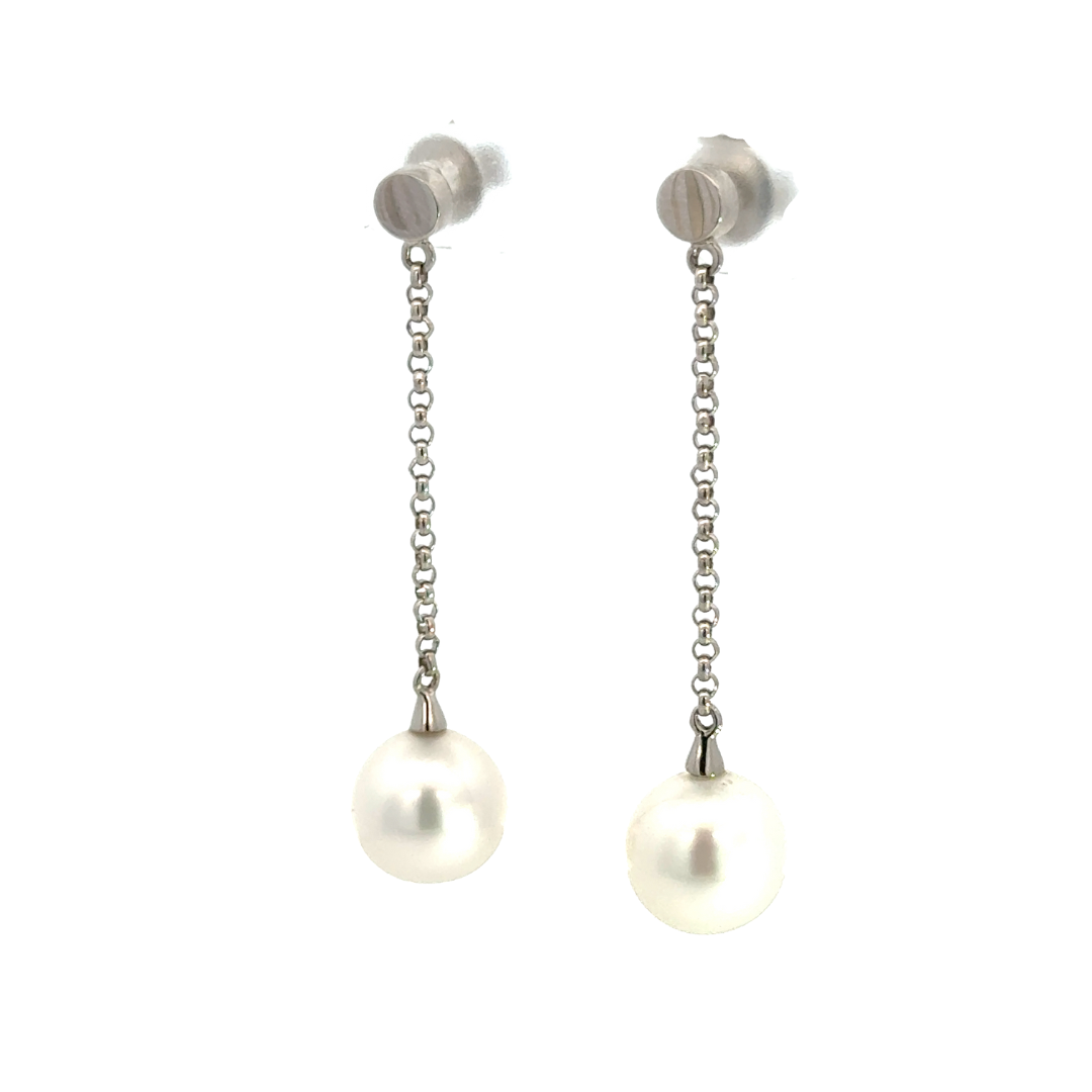 9ct white gold disc drop earrings with chain and 9mm South Sea pearls.