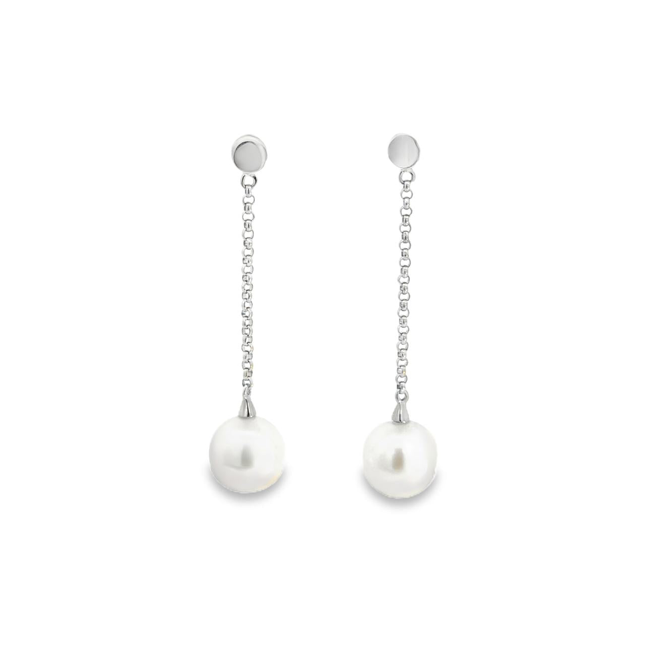 9ct white gold disc drop earrings with chain and 9mm South Sea pearls.