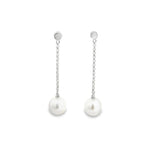 9ct white gold disc drop earrings with chain and 9mm South Sea pearls.