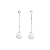9ct white gold disc drop earrings with chain and 9mm South Sea pearls.