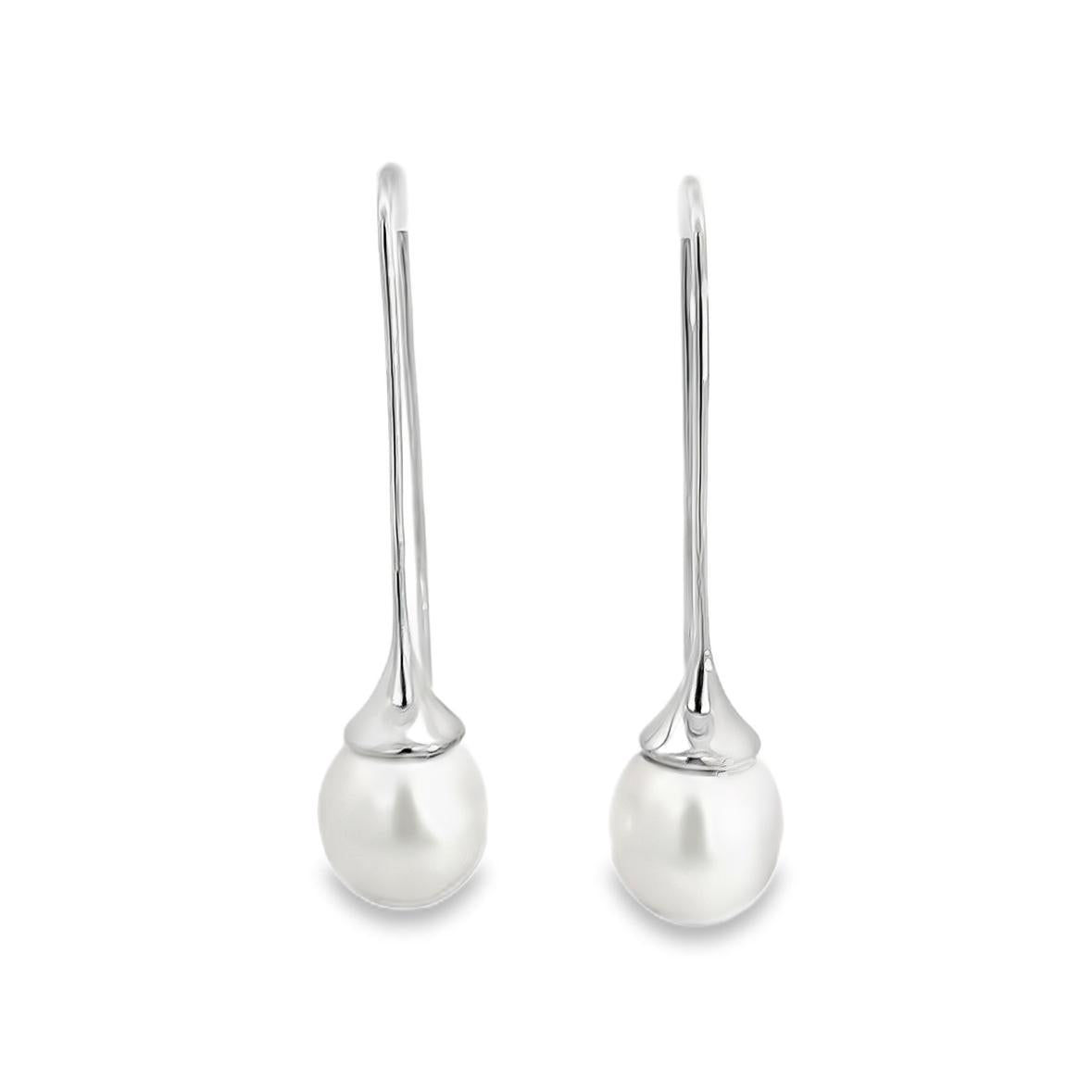 18ct white gold long hook earrings with 11mm oval South Sea pearls.