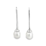 18ct white gold long hook earrings with 11mm oval South Sea pearls.