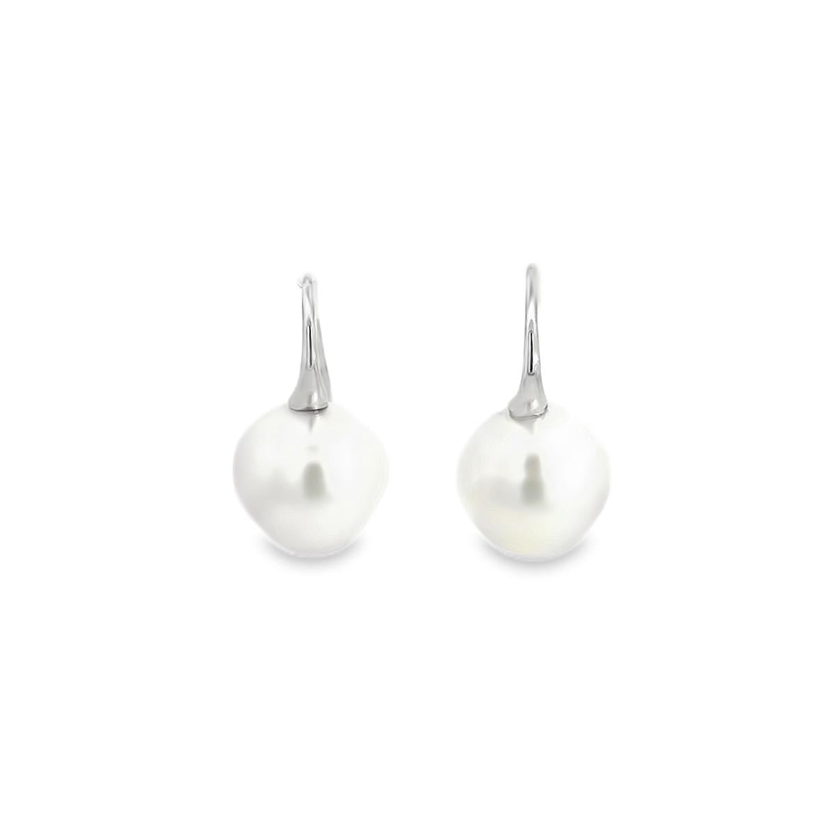 18ct white gold tapered hook earrings with 12.7mm South Sea pearls.