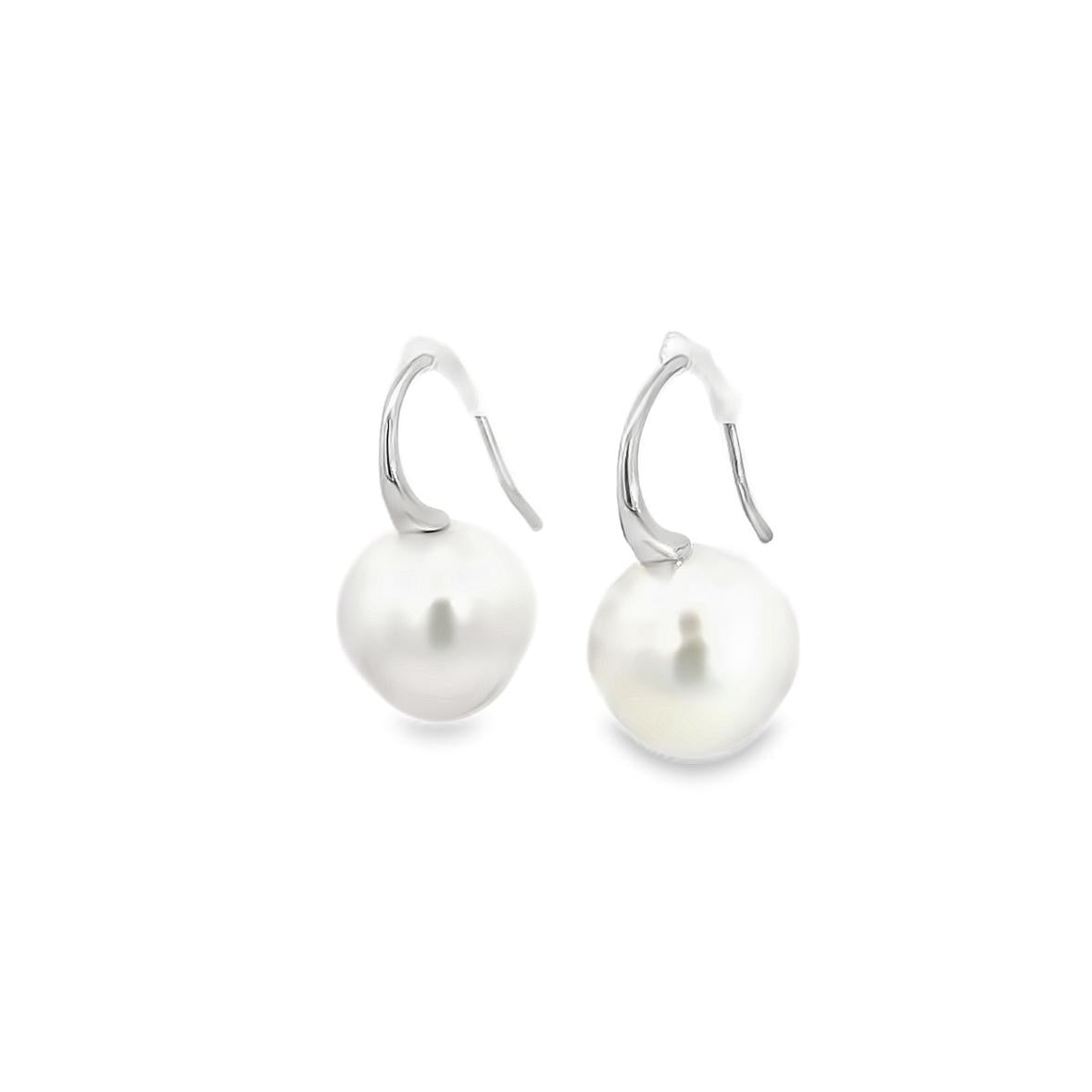18ct white gold tapered hook earrings with 12.7mm South Sea pearls.