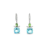 18ct white gold drop earrings with blue topaz, tsavorite garnets and diamond marquise accents.