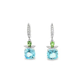 18ct white gold drop earrings with blue topaz, tsavorite garnets and diamond marquise accents.