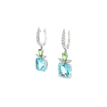 18ct white gold drop earrings with blue topaz, tsavorite garnets and diamond marquise accents.