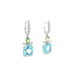 18ct white gold drop earrings with blue topaz, tsavorite garnets and diamond marquise accents.