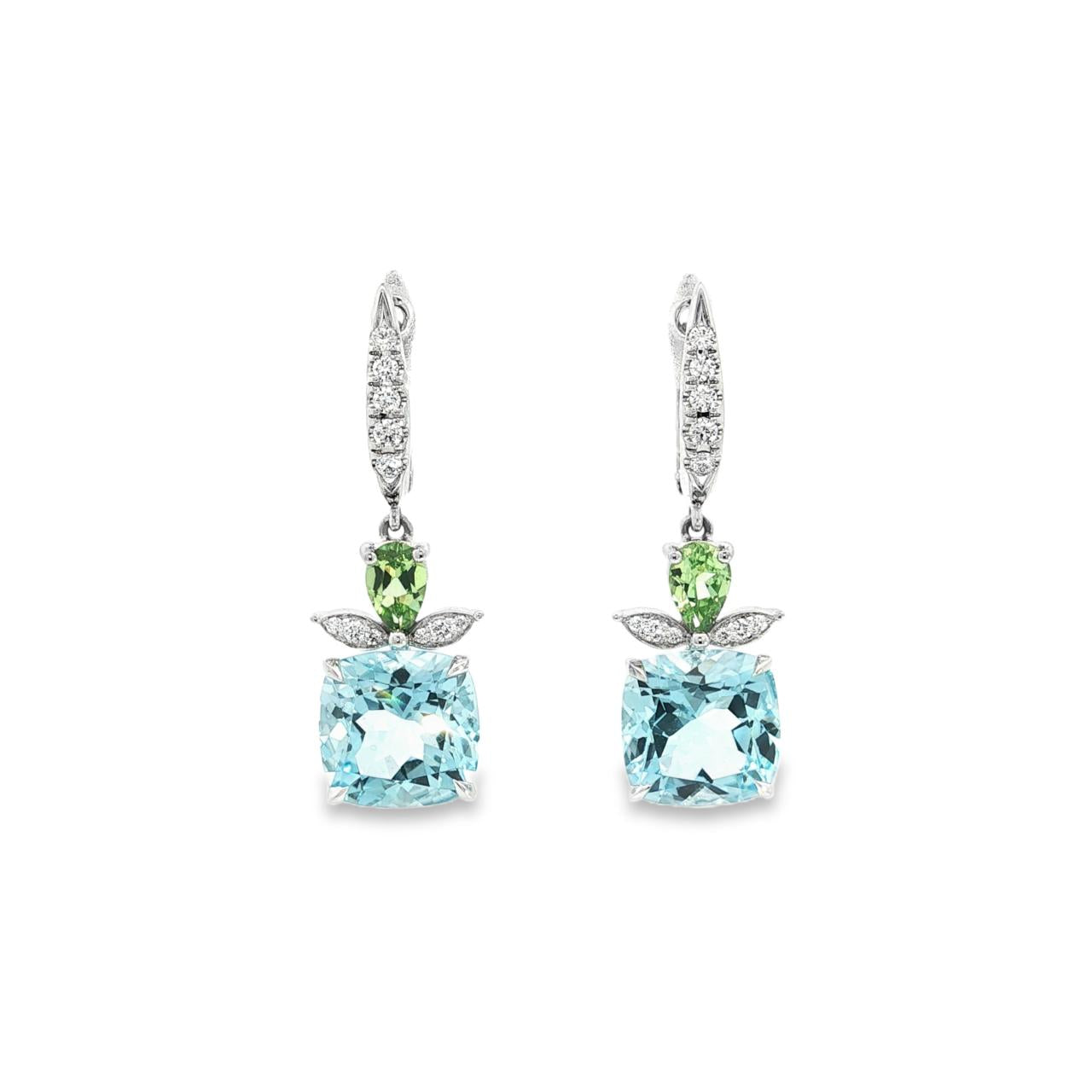18ct white gold drop earrings with blue topaz, tsavorite garnets and diamond marquise accents.