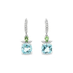 18ct white gold drop earrings with blue topaz, tsavorite garnets and diamond marquise accents.
