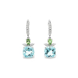 18ct white gold drop earrings with blue topaz, tsavorite garnets and diamond marquise accents.