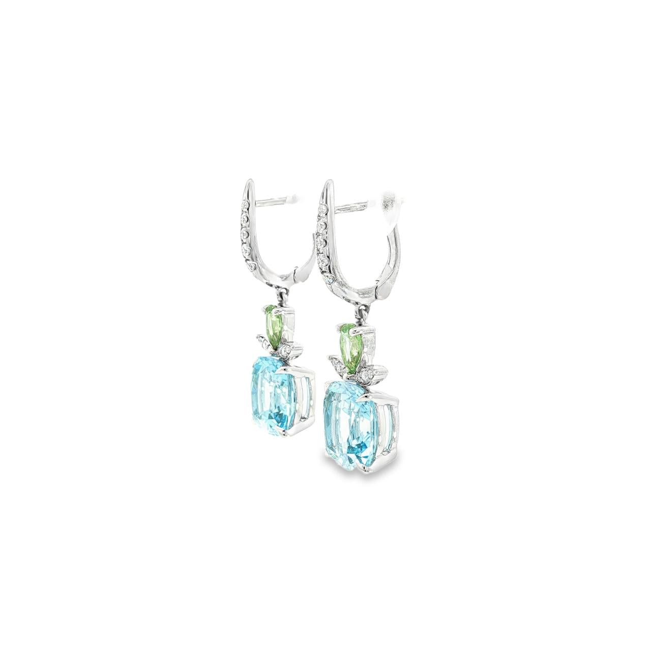 18ct white gold drop earrings with blue topaz, tsavorite garnets and diamond marquise accents.